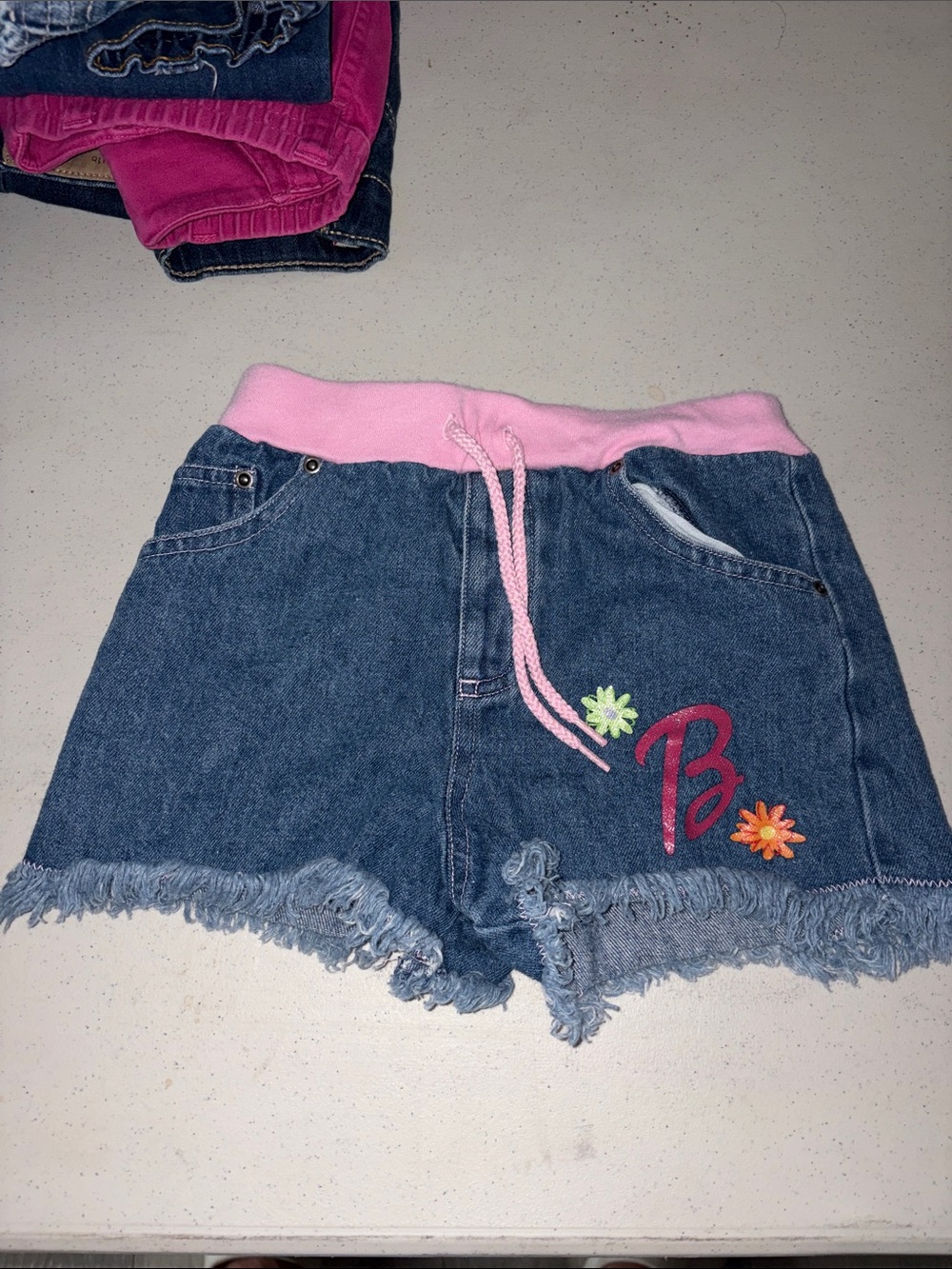 Barbie Denim Shorts with Pink Waistband and Floral Accents
